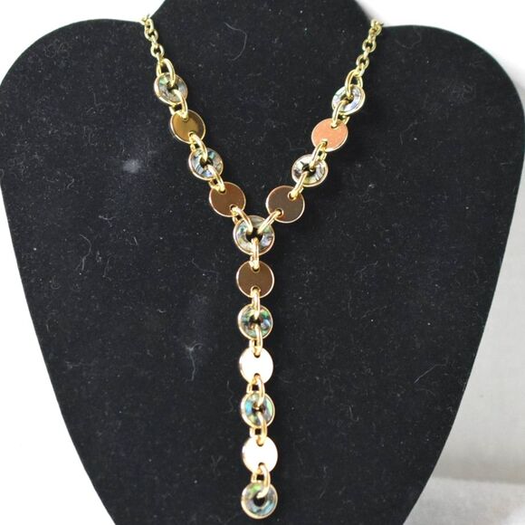 Vintage EC Y Shaped Flapper Style Abalone/Gold Tone Disc Link Statement Necklace - Picture 1 of 4